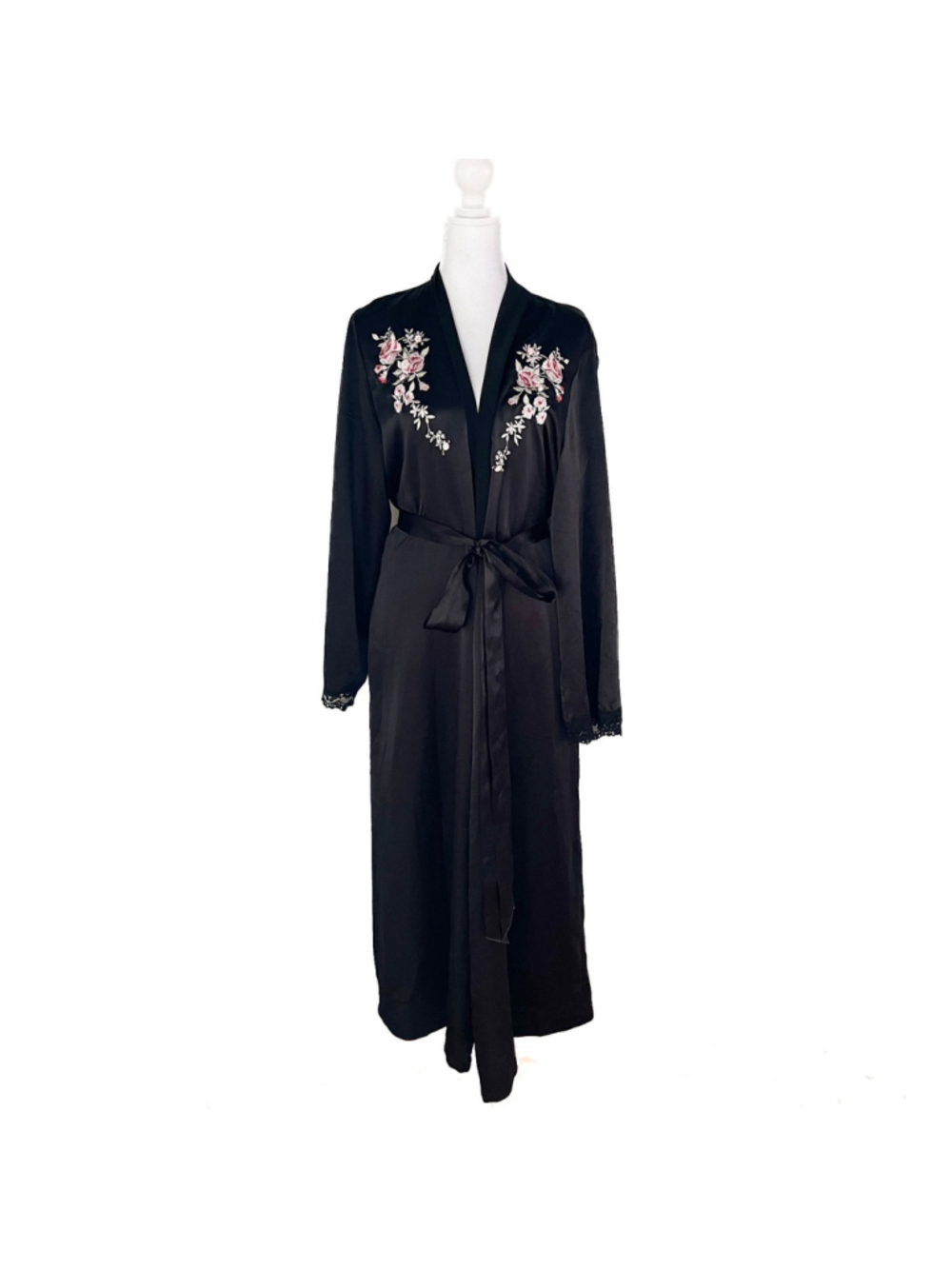 Vintage Black Satin Floral Embroidered Long Robe Lace Trim Cottagecore Romantic